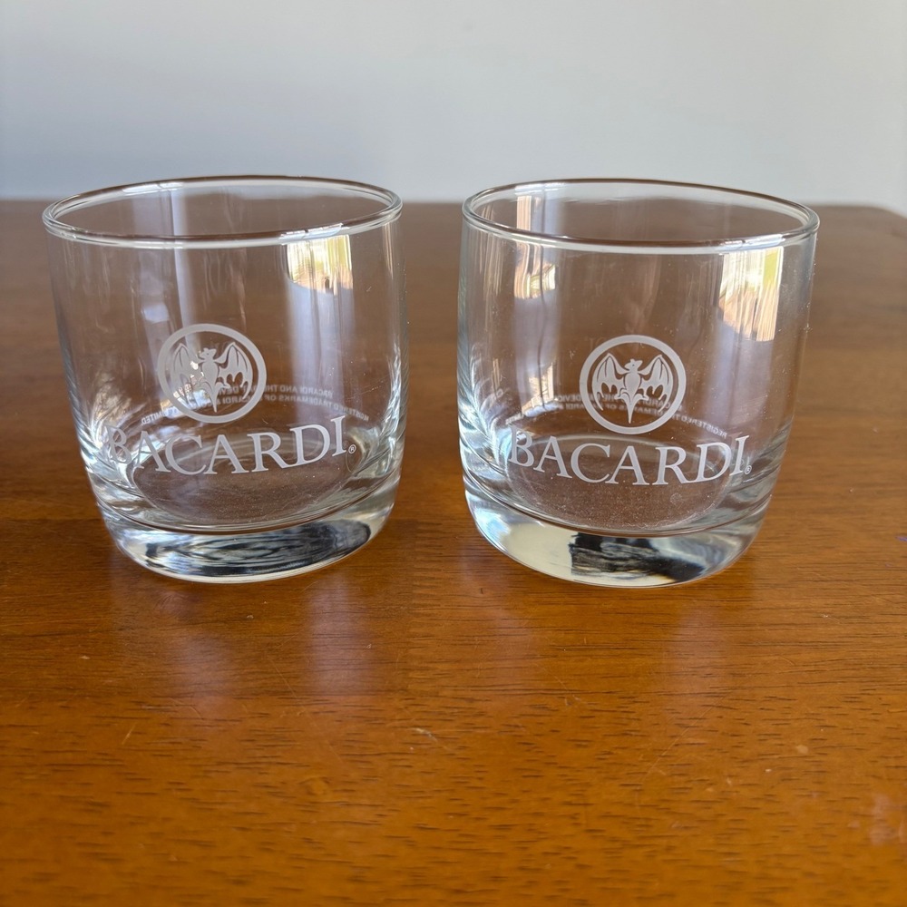 Bacardi Rum Rocks Glasses Set of 2 White Bat Logo Lowball Barware Clear Glass